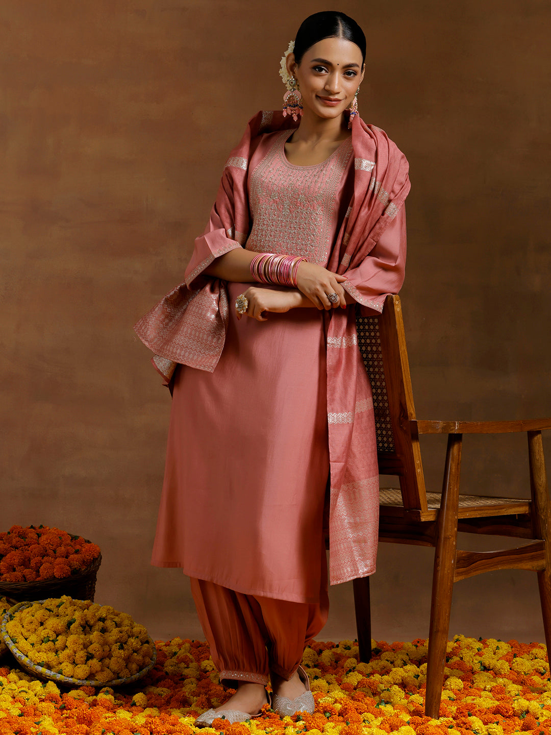 Peach Yoke Design Silk Blend Straight Suit With Dupatta