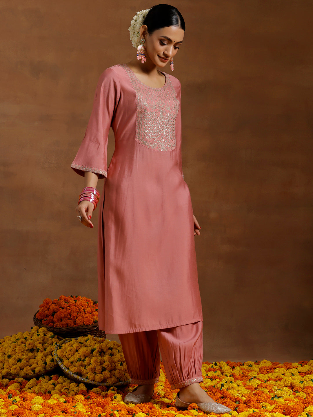 Peach Yoke Design Silk Blend Straight Suit With Dupatta