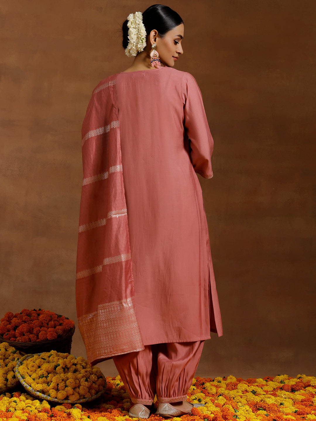 Peach Yoke Design Silk Blend Straight Suit With Dupatta