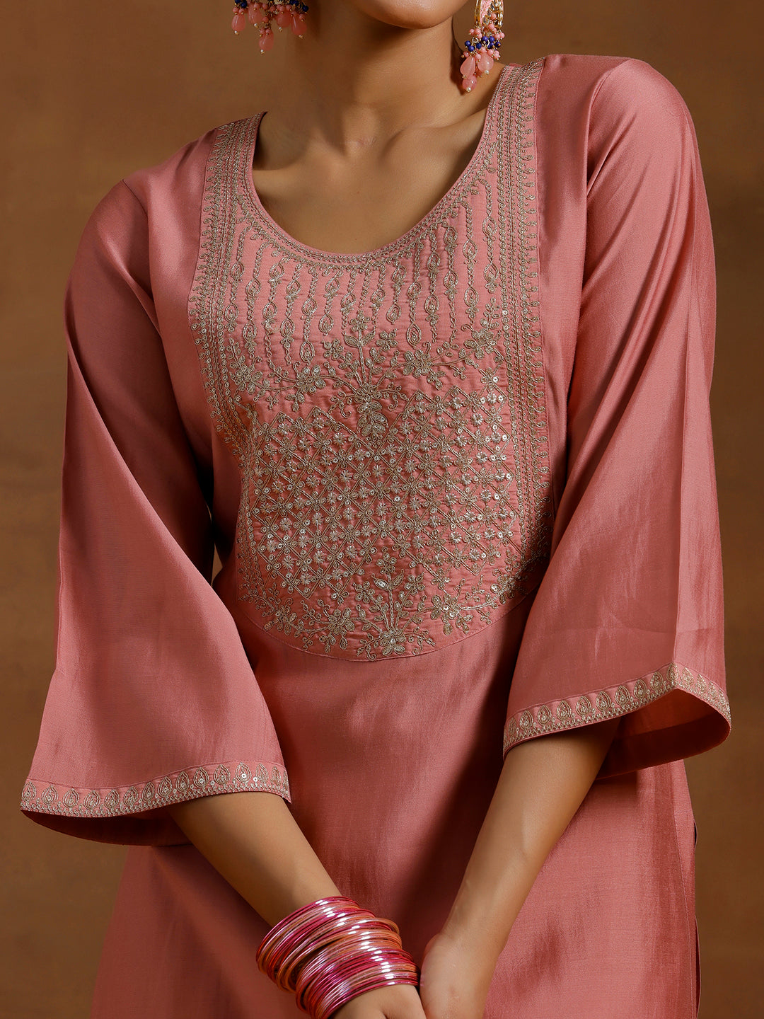 Peach Yoke Design Silk Blend Straight Suit With Dupatta