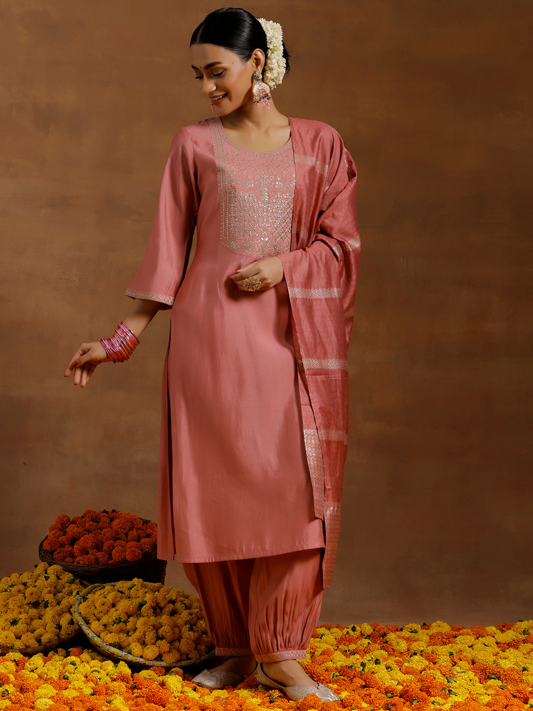 Peach Yoke Design Silk Blend Straight Suit With Dupatta