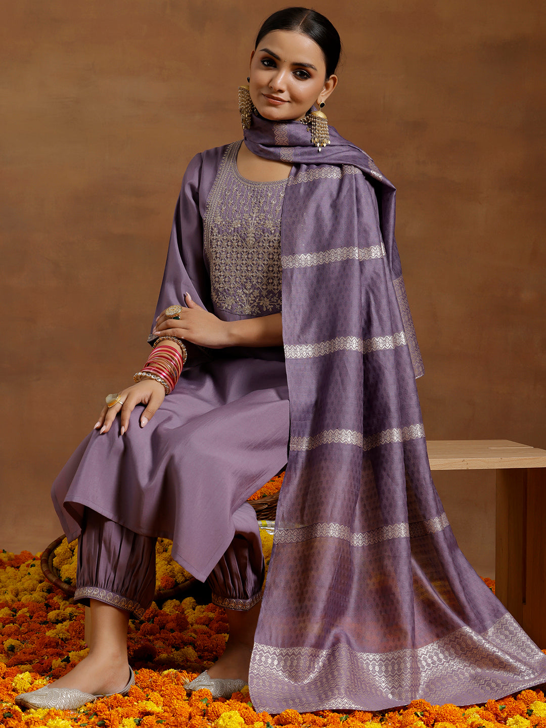 Purple Yoke Design Silk Blend Straight Suit With Dupatta