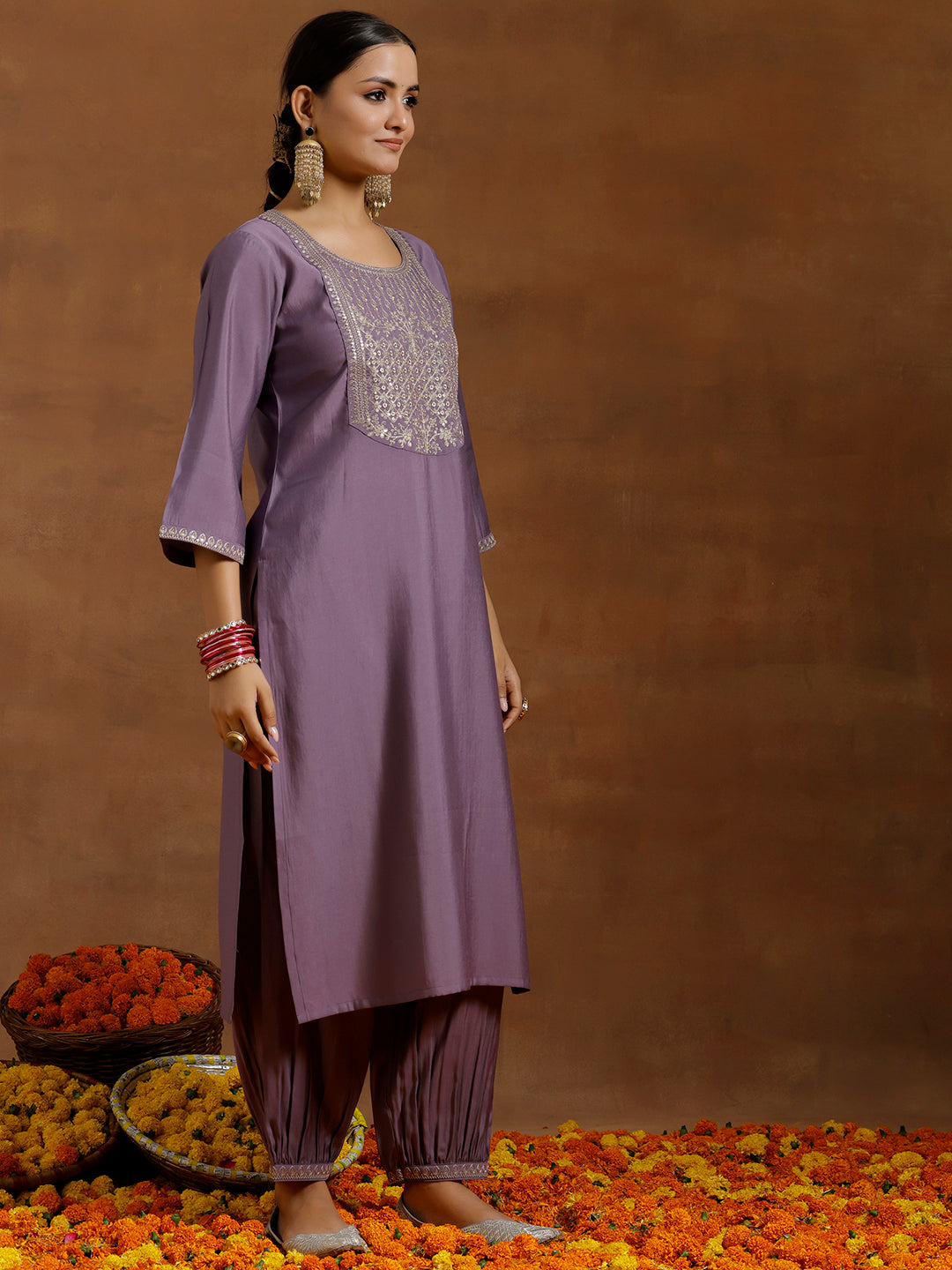 Purple Yoke Design Silk Blend Straight Suit With Dupatta