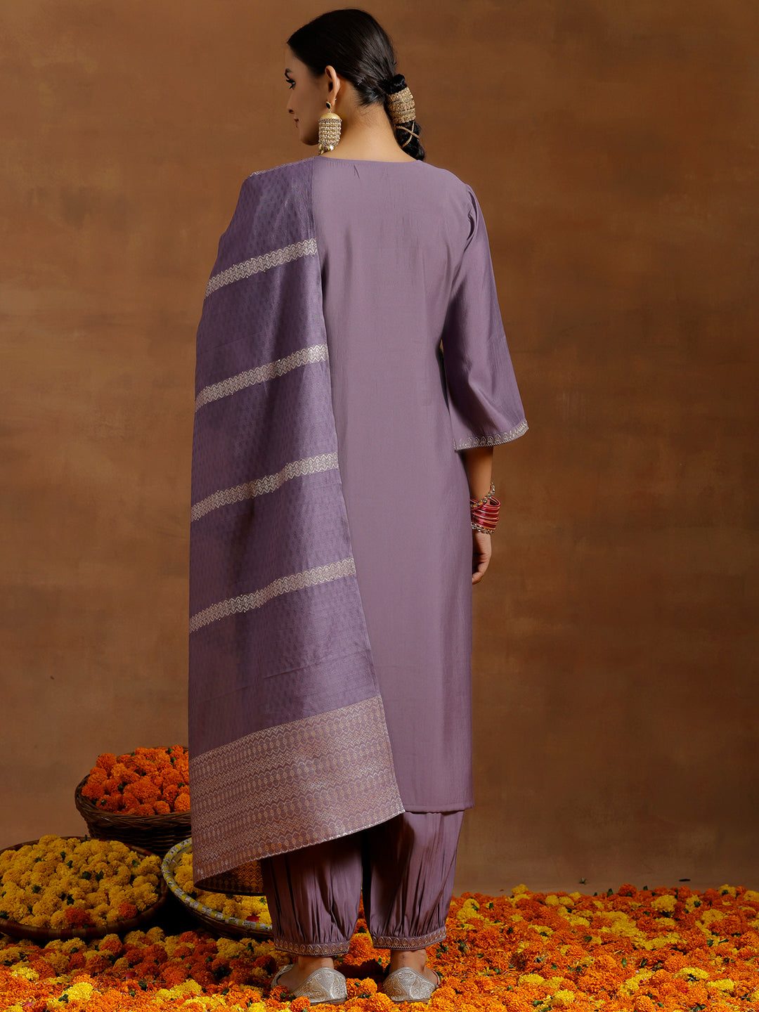 Purple Yoke Design Silk Blend Straight Suit With Dupatta