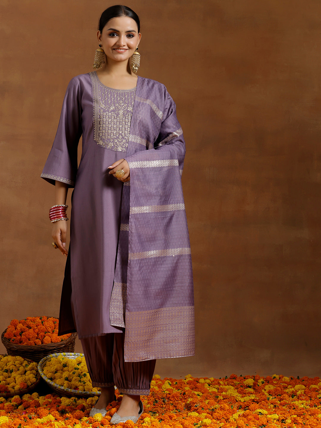 Purple Yoke Design Silk Blend Straight Suit With Dupatta