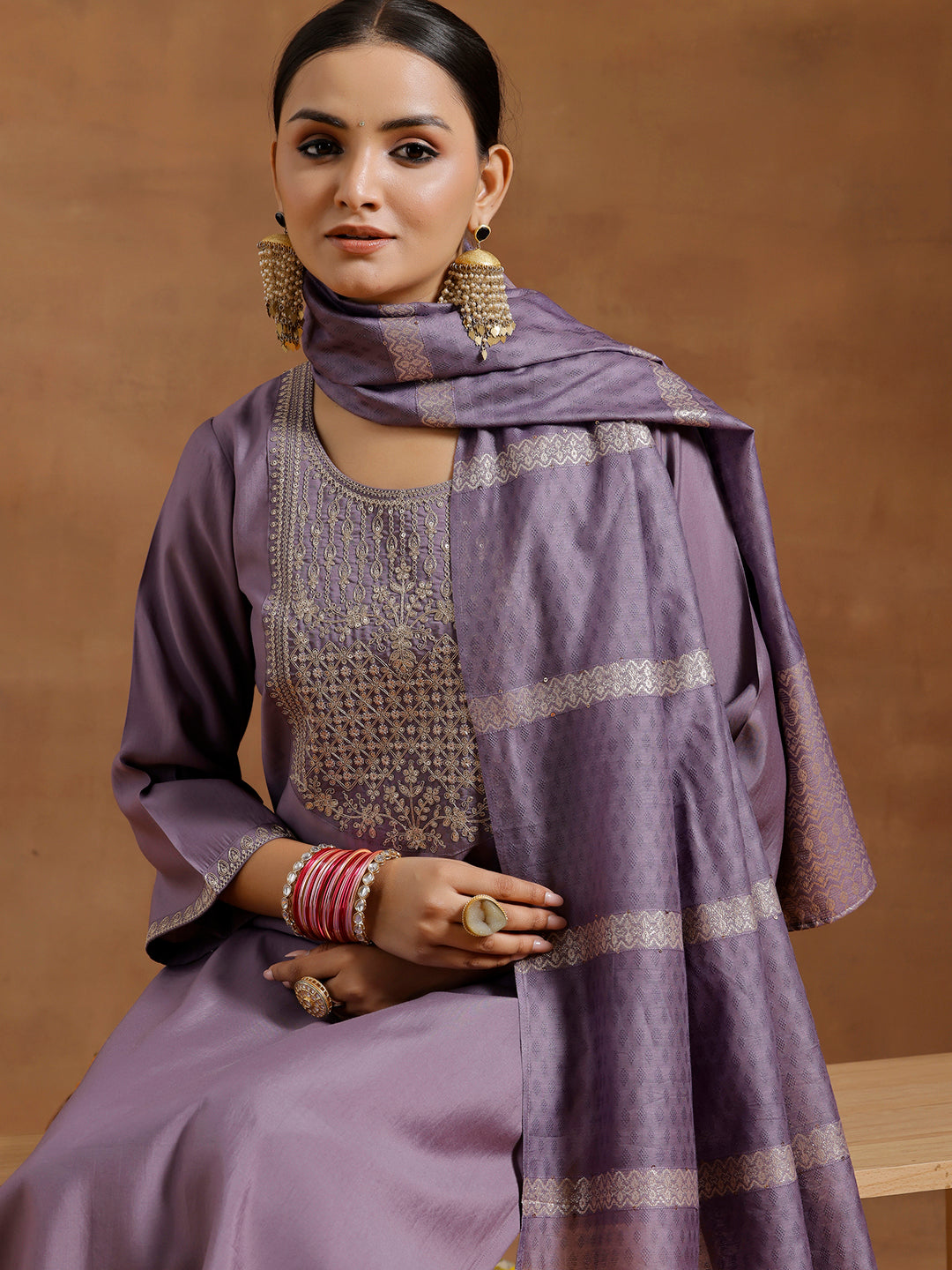 Purple Yoke Design Silk Blend Straight Suit With Dupatta