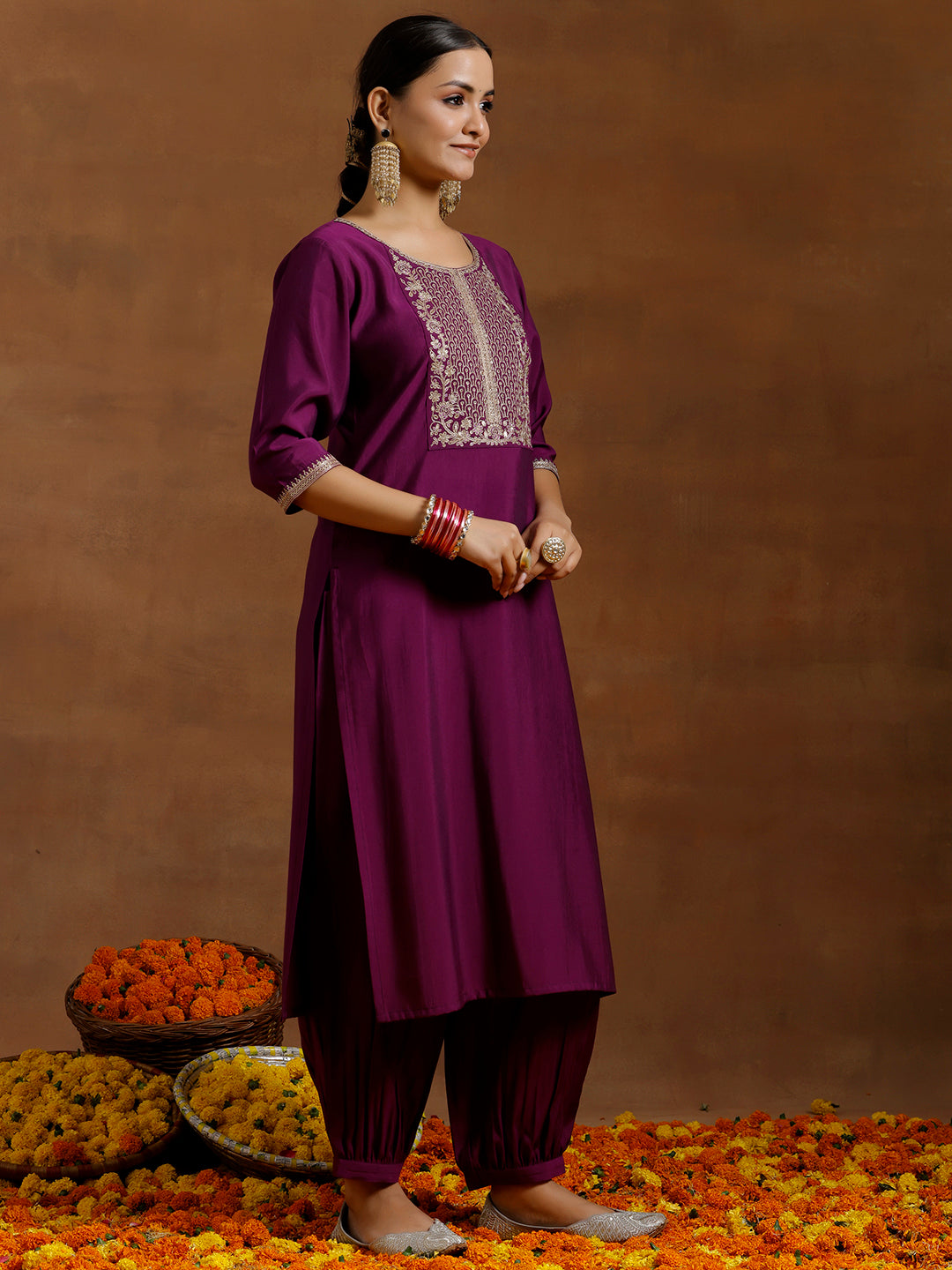 Purple Yoke Design Silk Blend Straight Suit With Dupatta