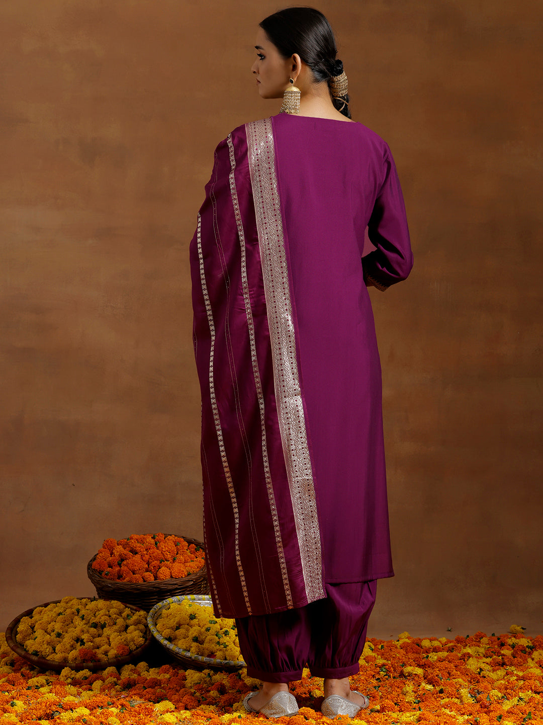 Purple Yoke Design Silk Blend Straight Suit With Dupatta