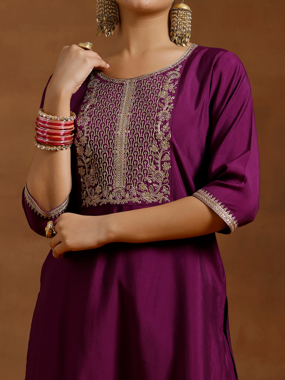 Purple Yoke Design Silk Blend Straight Suit With Dupatta