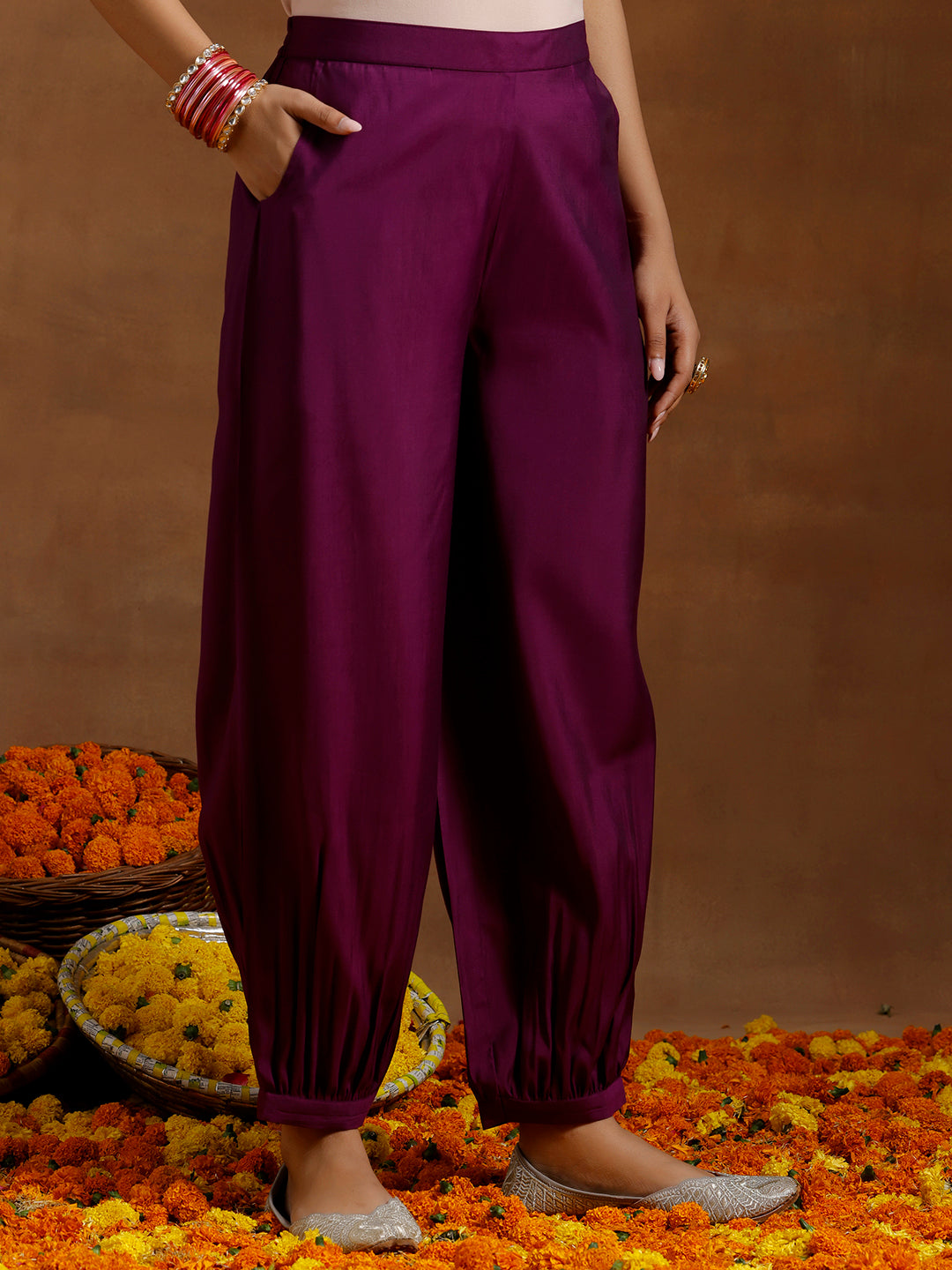 Purple Yoke Design Silk Blend Straight Suit With Dupatta