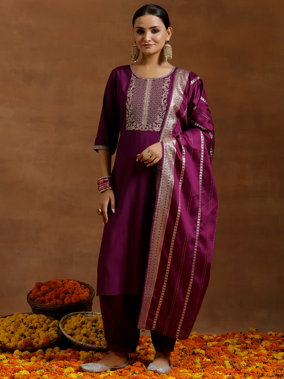 Purple Yoke Design Silk Blend Straight Suit With Dupatta