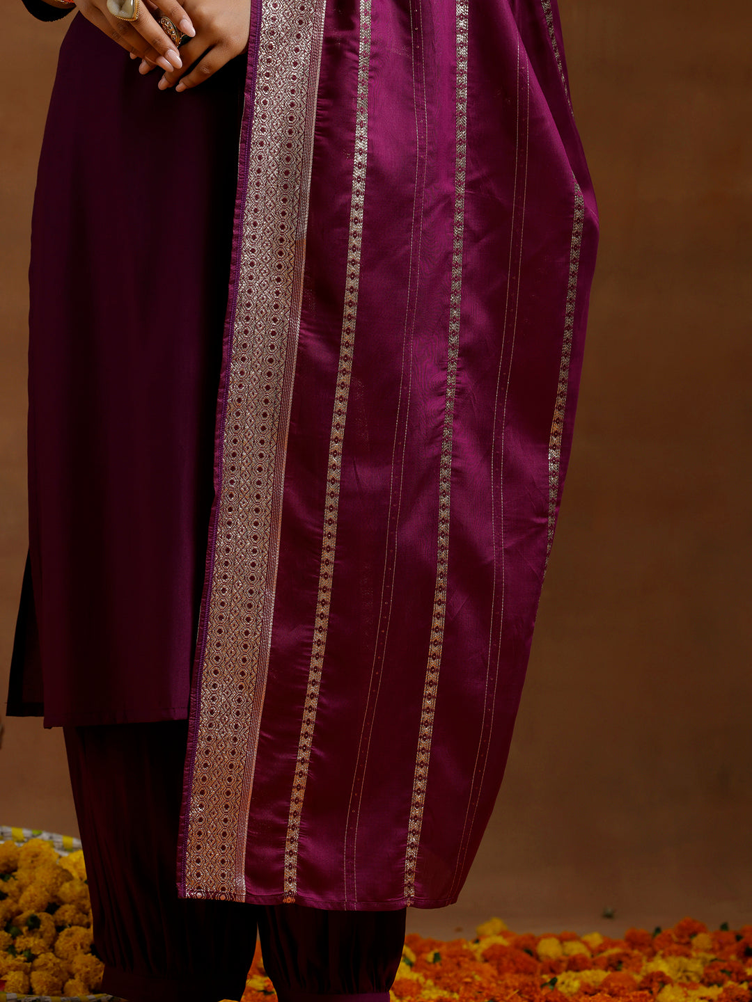 Purple Yoke Design Silk Blend Straight Suit With Dupatta