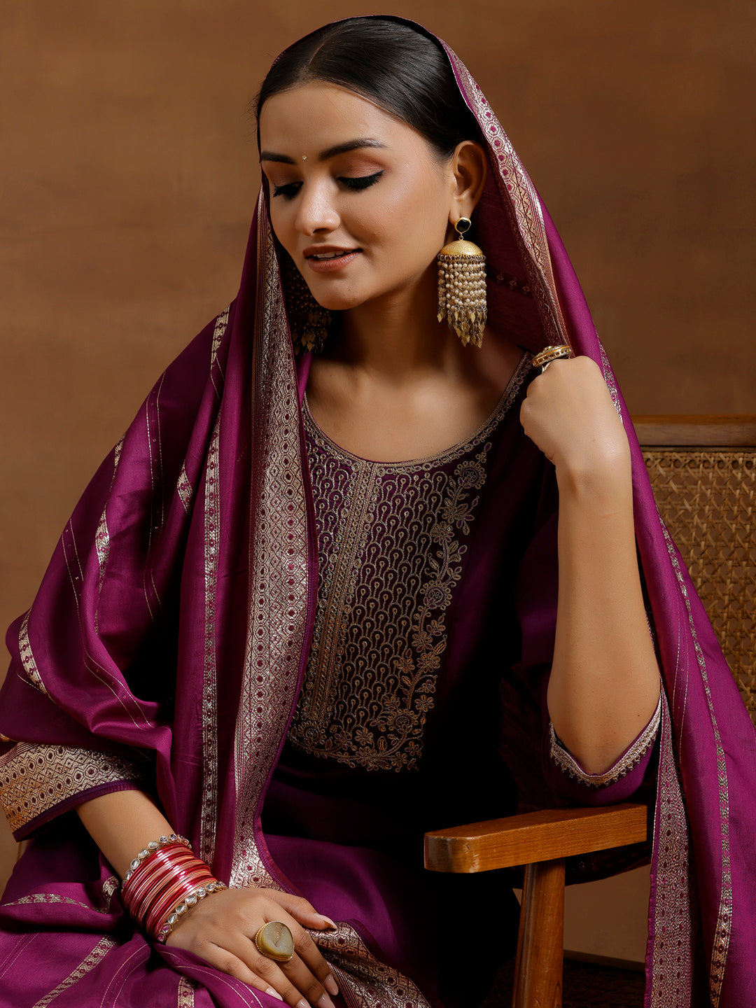 Purple Yoke Design Silk Blend Straight Suit With Dupatta