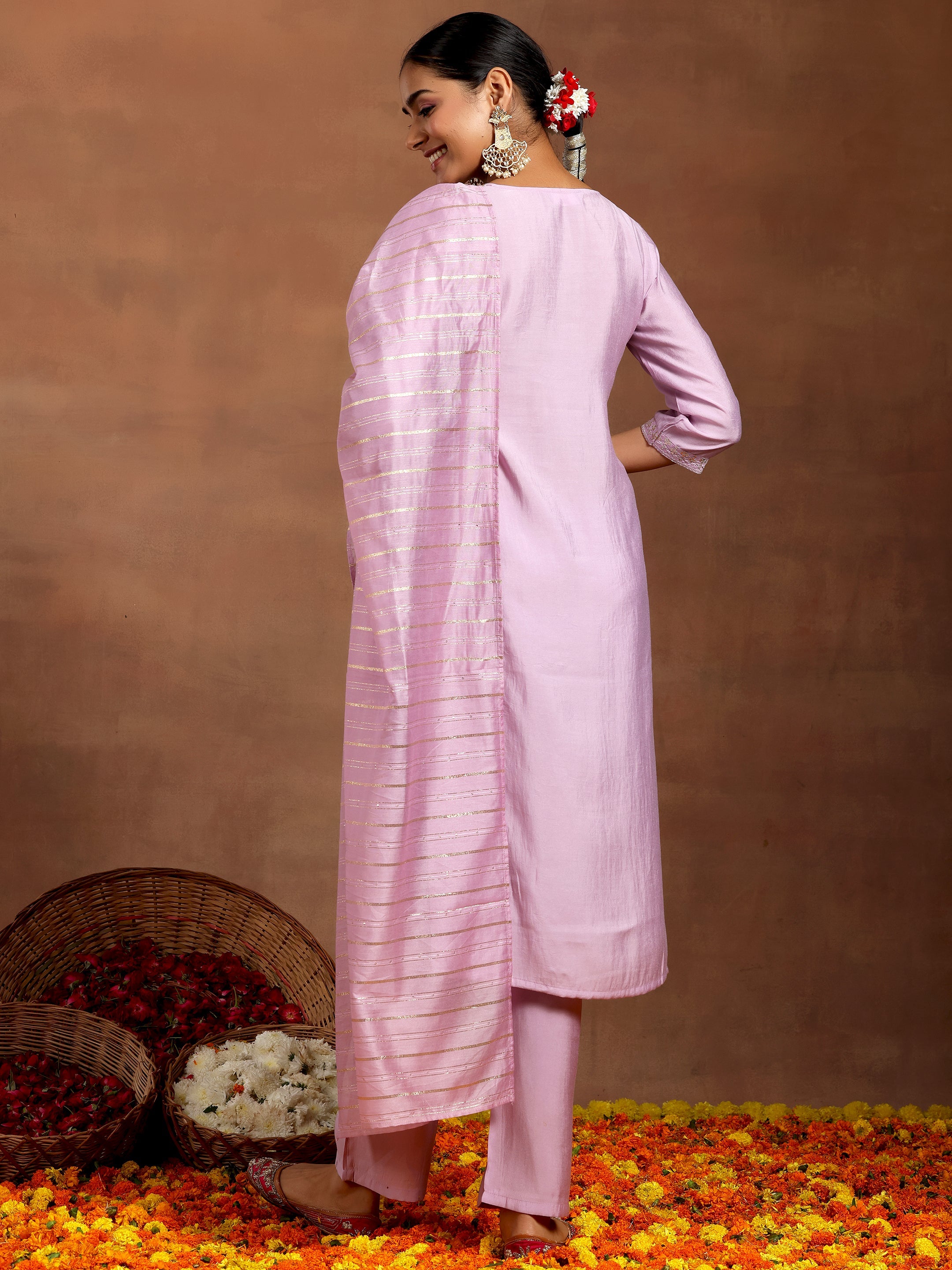 Lilac Embroidered Silk Blend Straight Suit With Dupatta