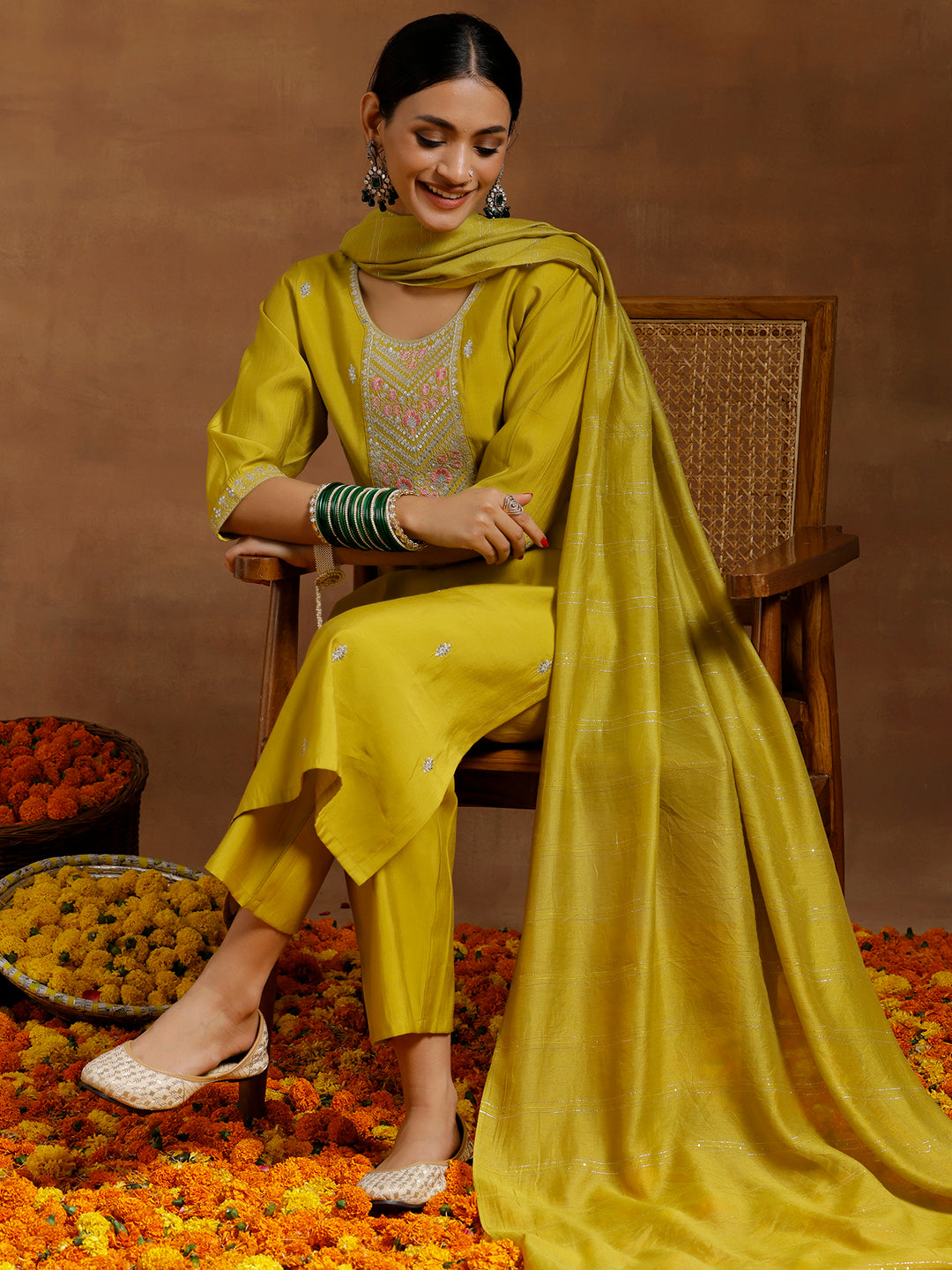 Yellow Embroidered Silk Blend Straight Suit With Dupatta