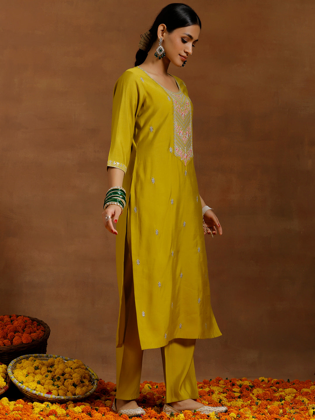 Yellow Embroidered Silk Blend Straight Suit With Dupatta