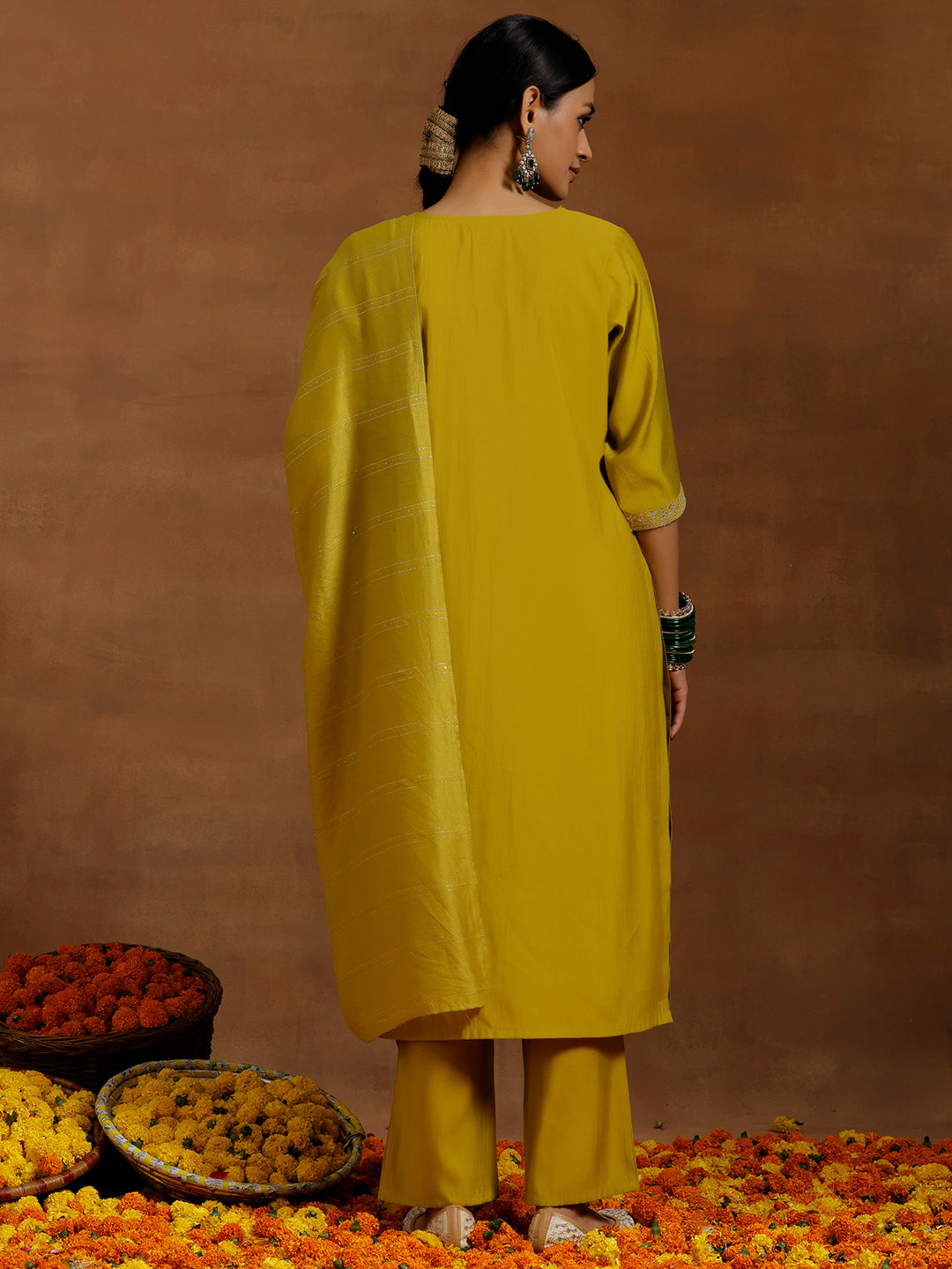 Yellow Embroidered Silk Blend Straight Suit With Dupatta