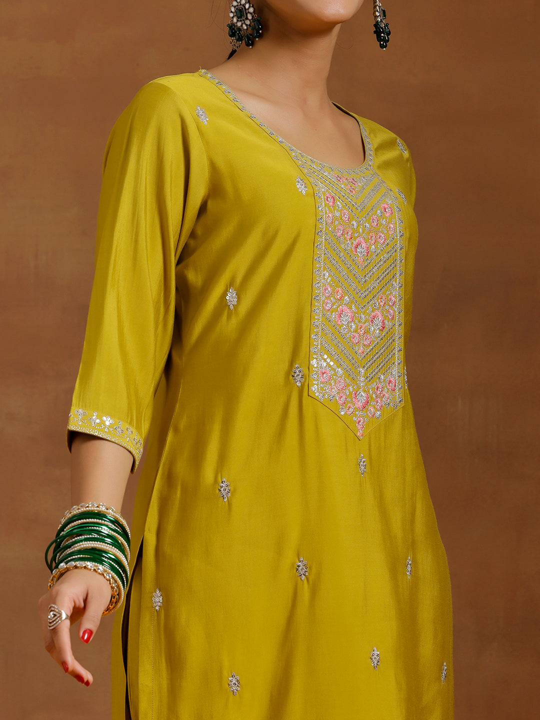 Yellow Embroidered Silk Blend Straight Suit With Dupatta