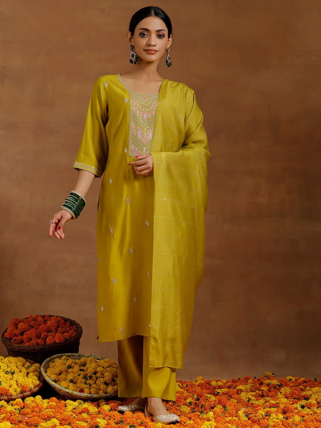 Yellow Embroidered Silk Blend Straight Suit With Dupatta