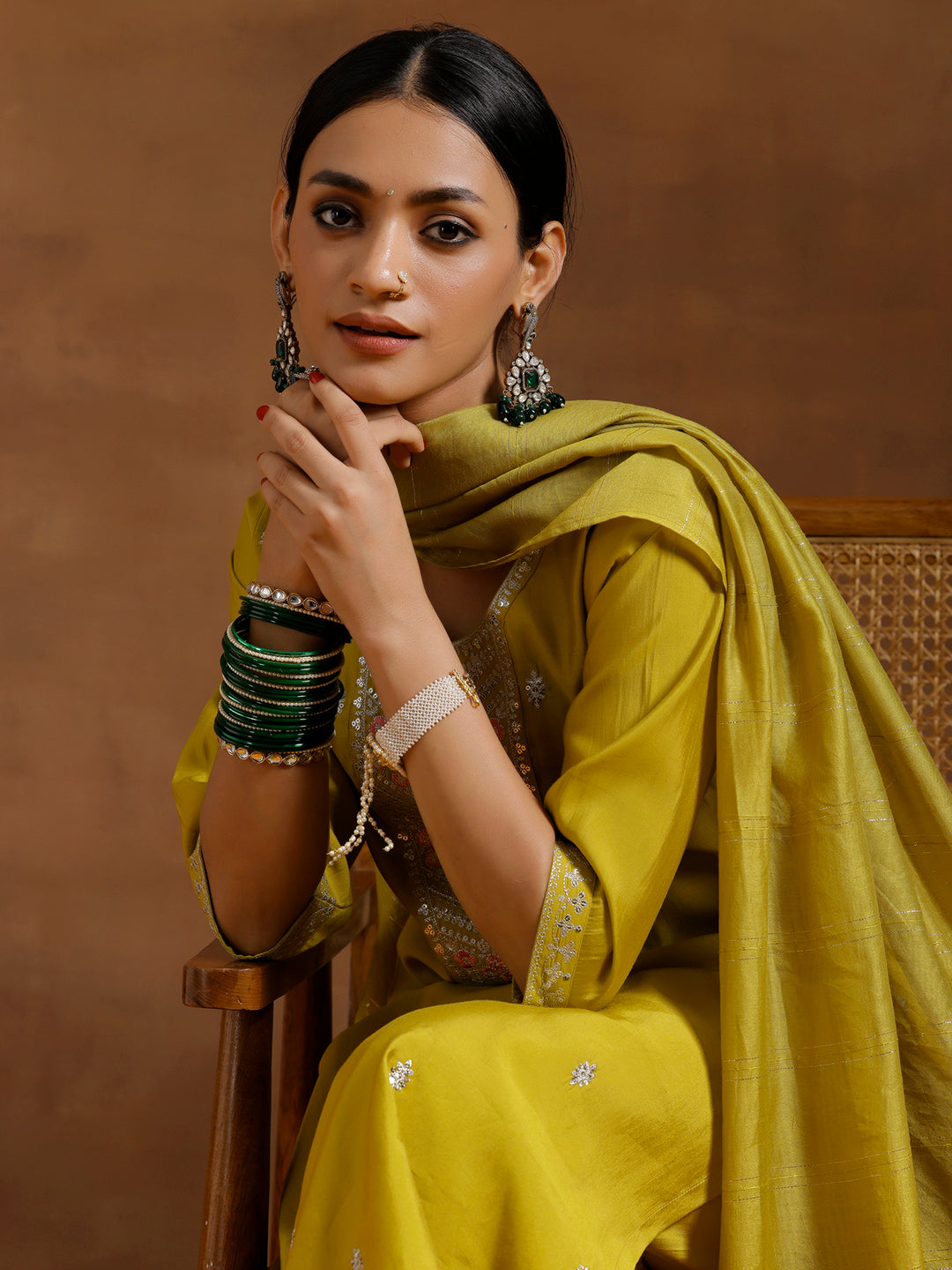 Yellow Embroidered Silk Blend Straight Suit With Dupatta