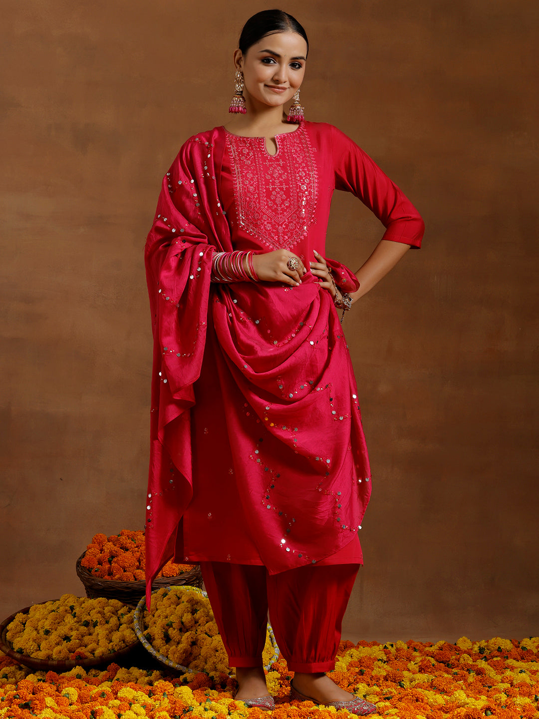 Pink Embroidered Silk Blend Straight Suit With Dupatta