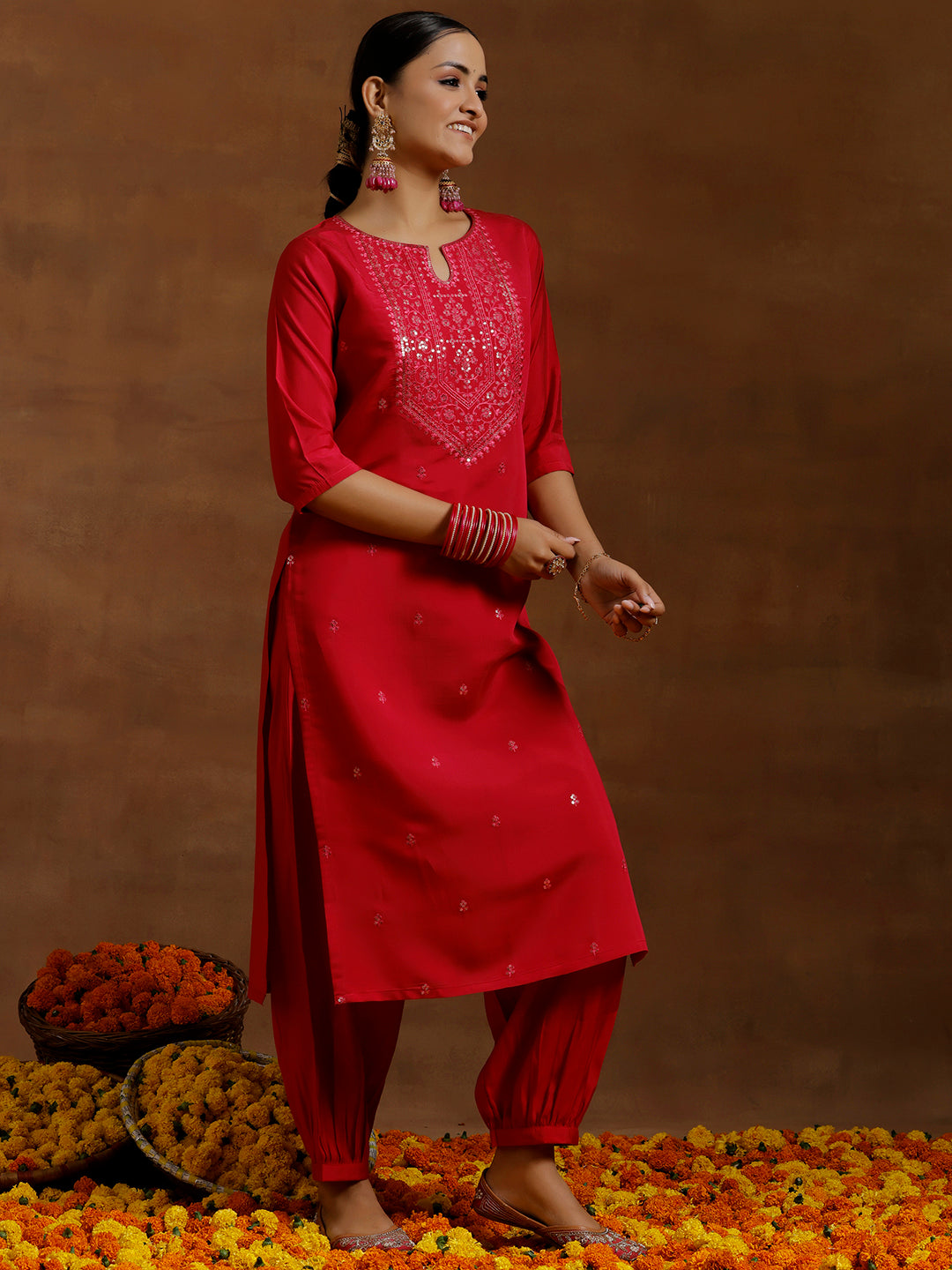 Pink Embroidered Silk Blend Straight Suit With Dupatta