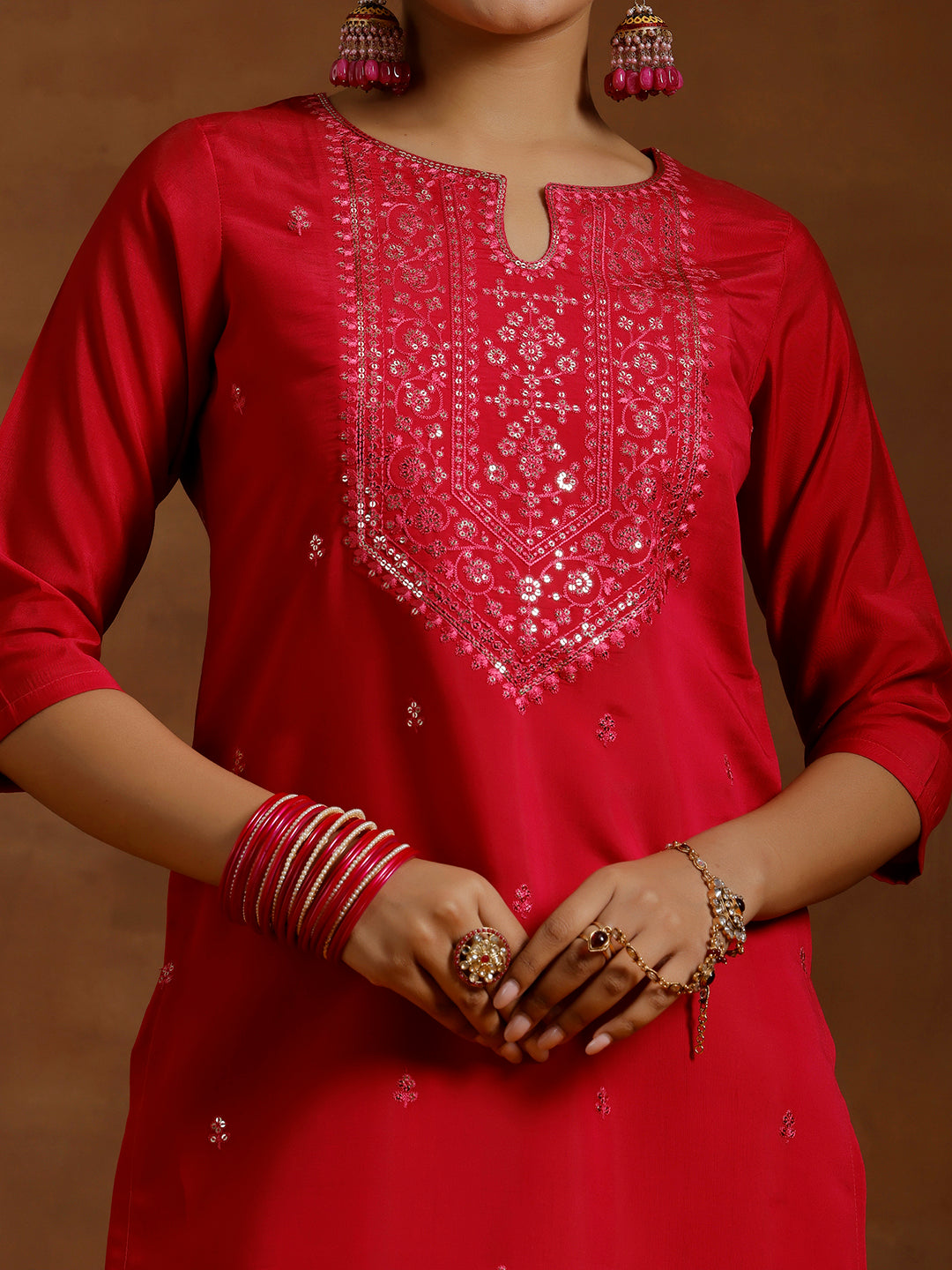 Pink Embroidered Silk Blend Straight Suit With Dupatta