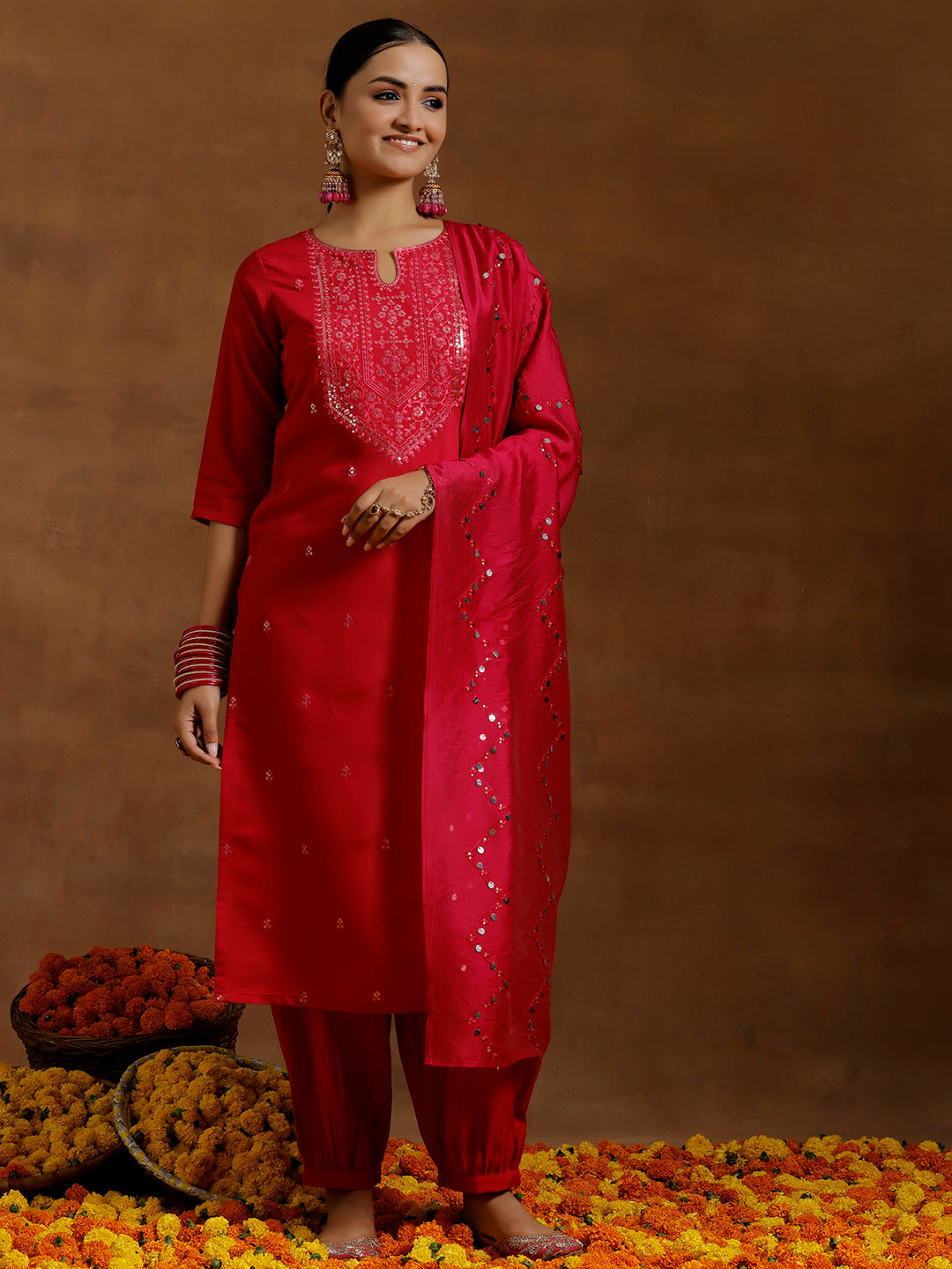 Pink Embroidered Silk Blend Straight Suit With Dupatta