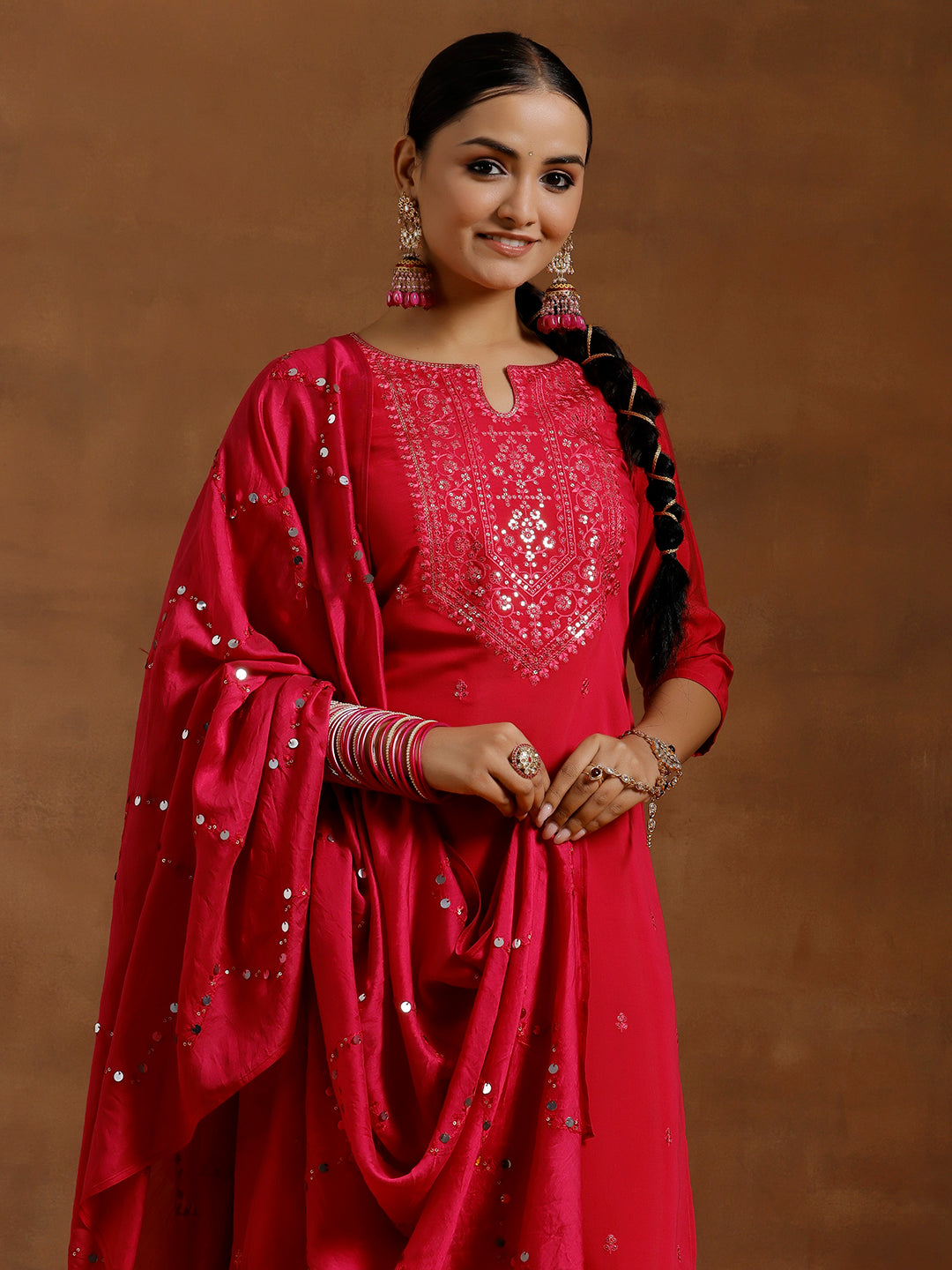 Pink Embroidered Silk Blend Straight Suit With Dupatta