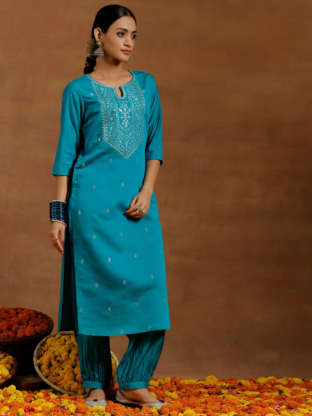 Teal Blue Embroidered Silk Blend Straight Suit With Dupatta