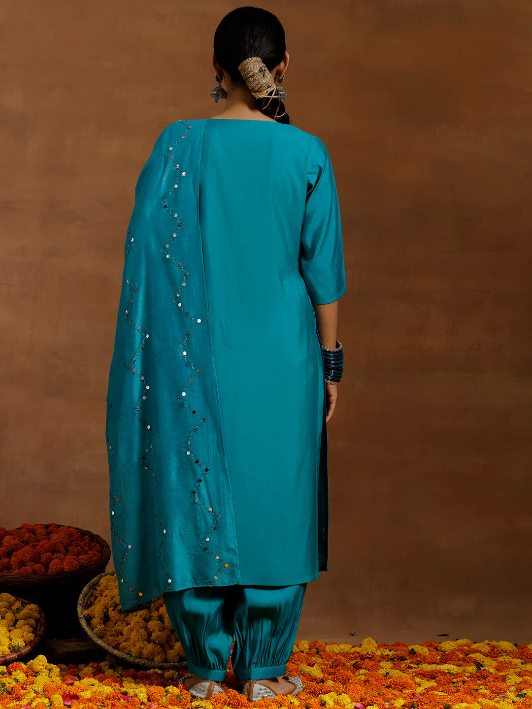 Teal Blue Embroidered Silk Blend Straight Suit With Dupatta