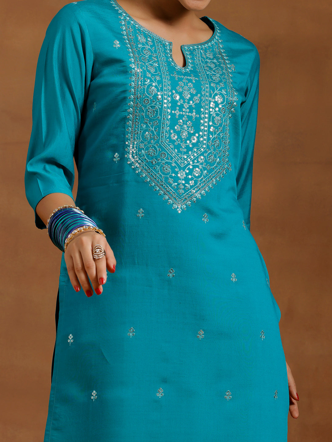 Teal Blue Embroidered Silk Blend Straight Suit With Dupatta