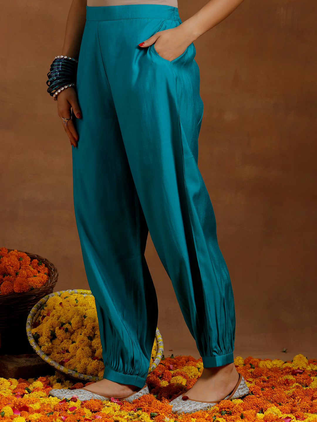 Teal Blue Embroidered Silk Blend Straight Suit With Dupatta