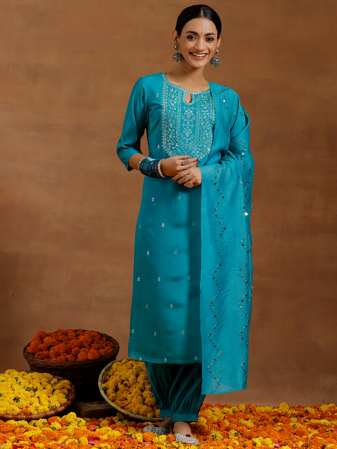 Teal Blue Embroidered Silk Blend Straight Suit With Dupatta