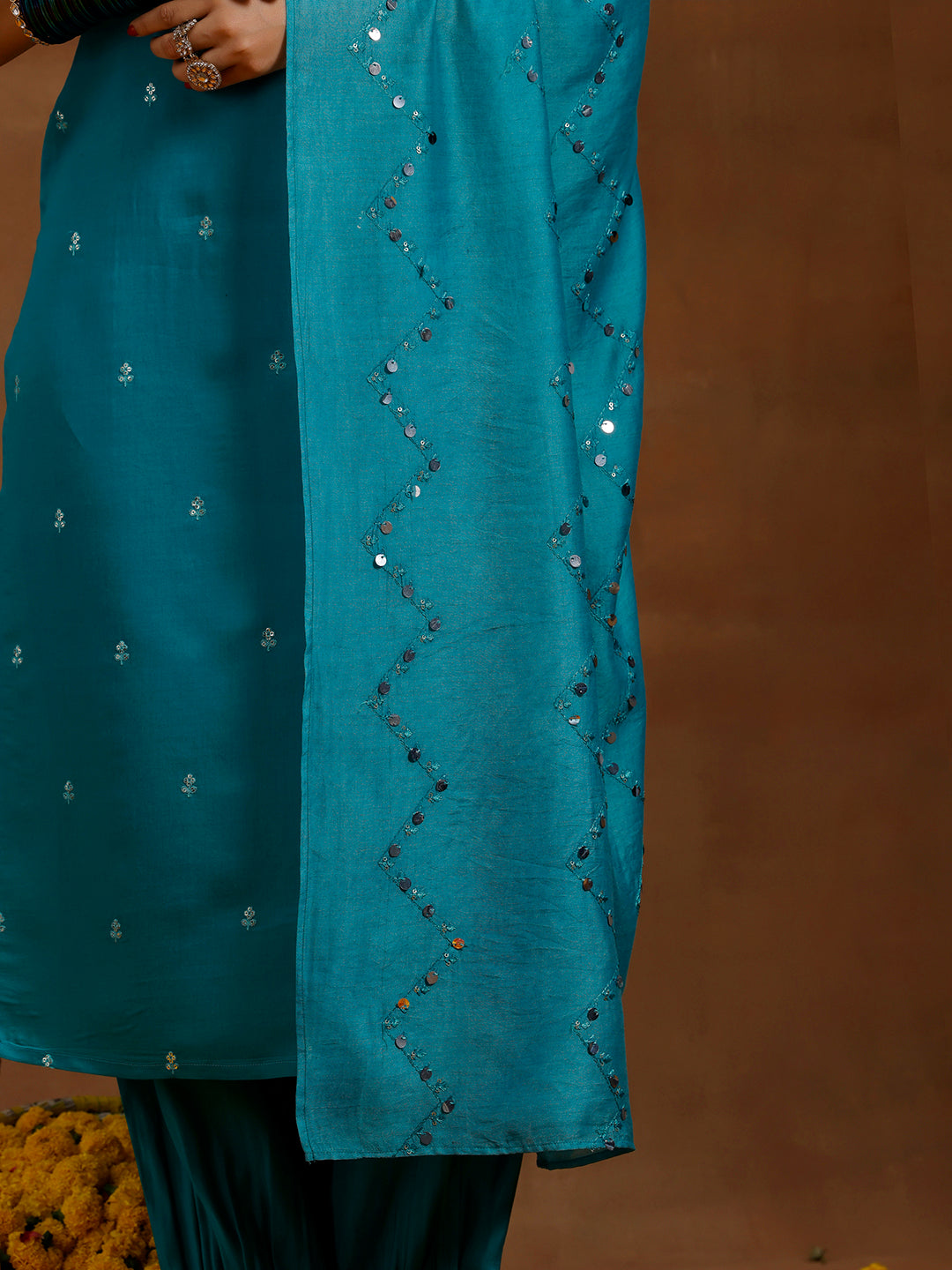 Teal Blue Embroidered Silk Blend Straight Suit With Dupatta