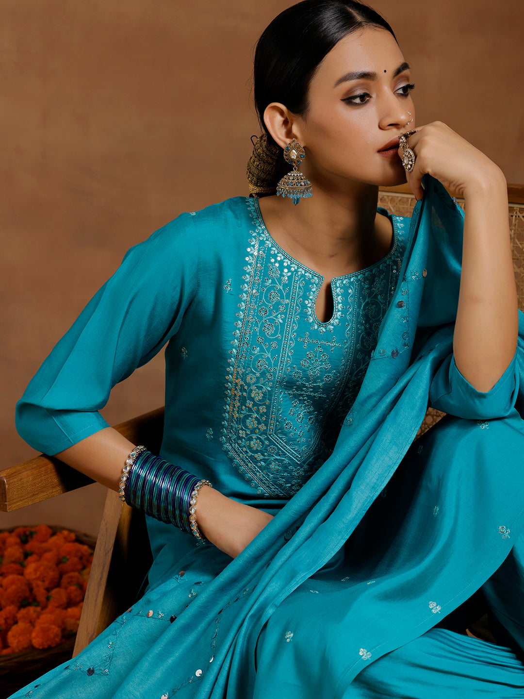 Teal Blue Embroidered Silk Blend Straight Suit With Dupatta