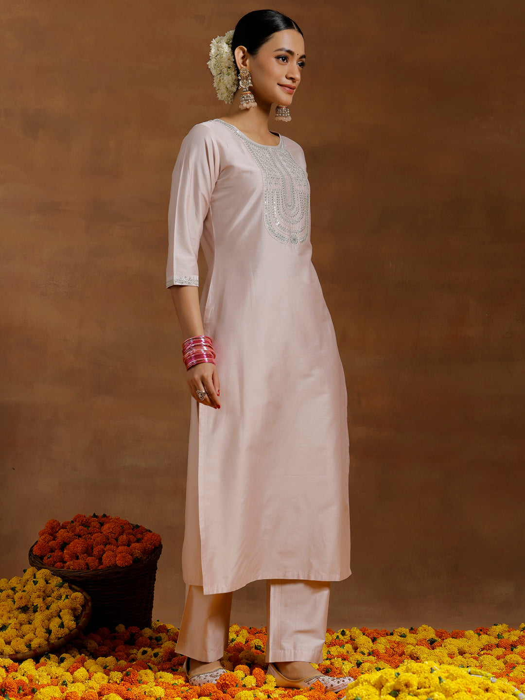 Light Pink Yoke Design Silk Blend Straight Suit With Dupatta