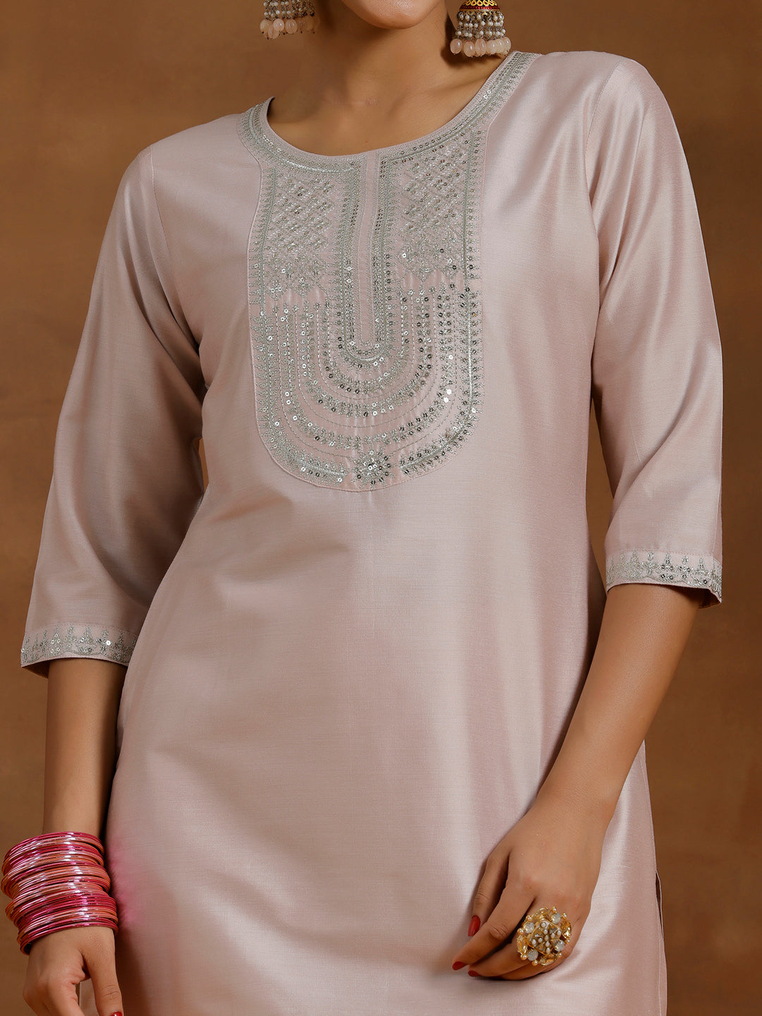 Light Pink Yoke Design Silk Blend Straight Suit With Dupatta