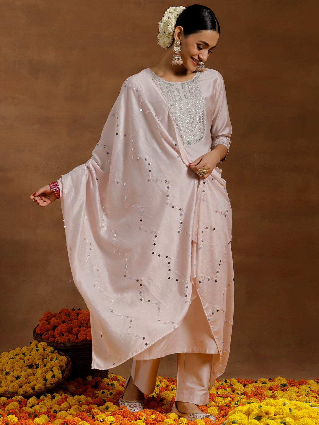 Light Pink Yoke Design Silk Blend Straight Suit With Dupatta