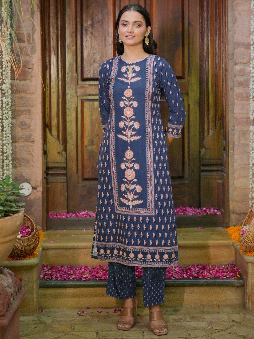 Blue Printed Poly Crepe Straight Kurta Set