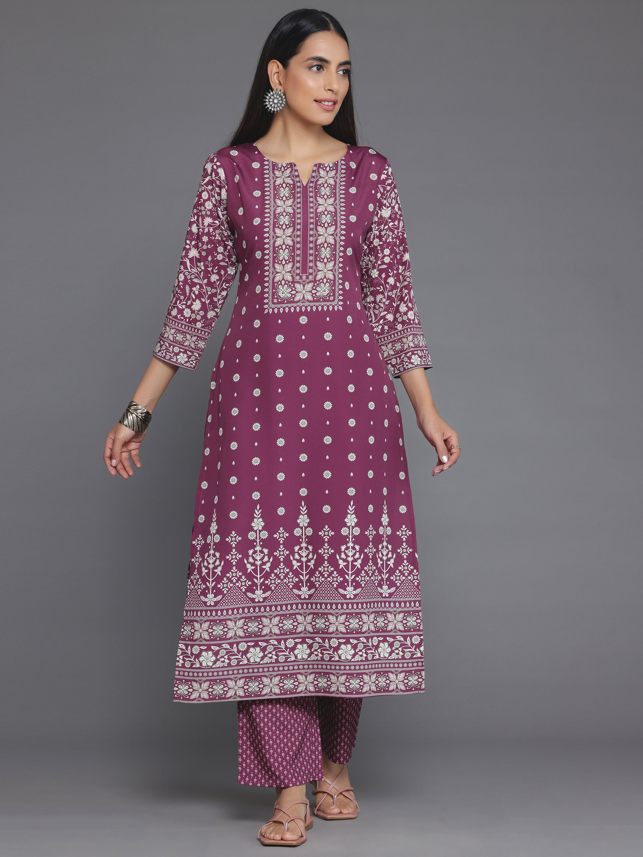 Maroon Printed Poly Crepe Straight Kurta Set