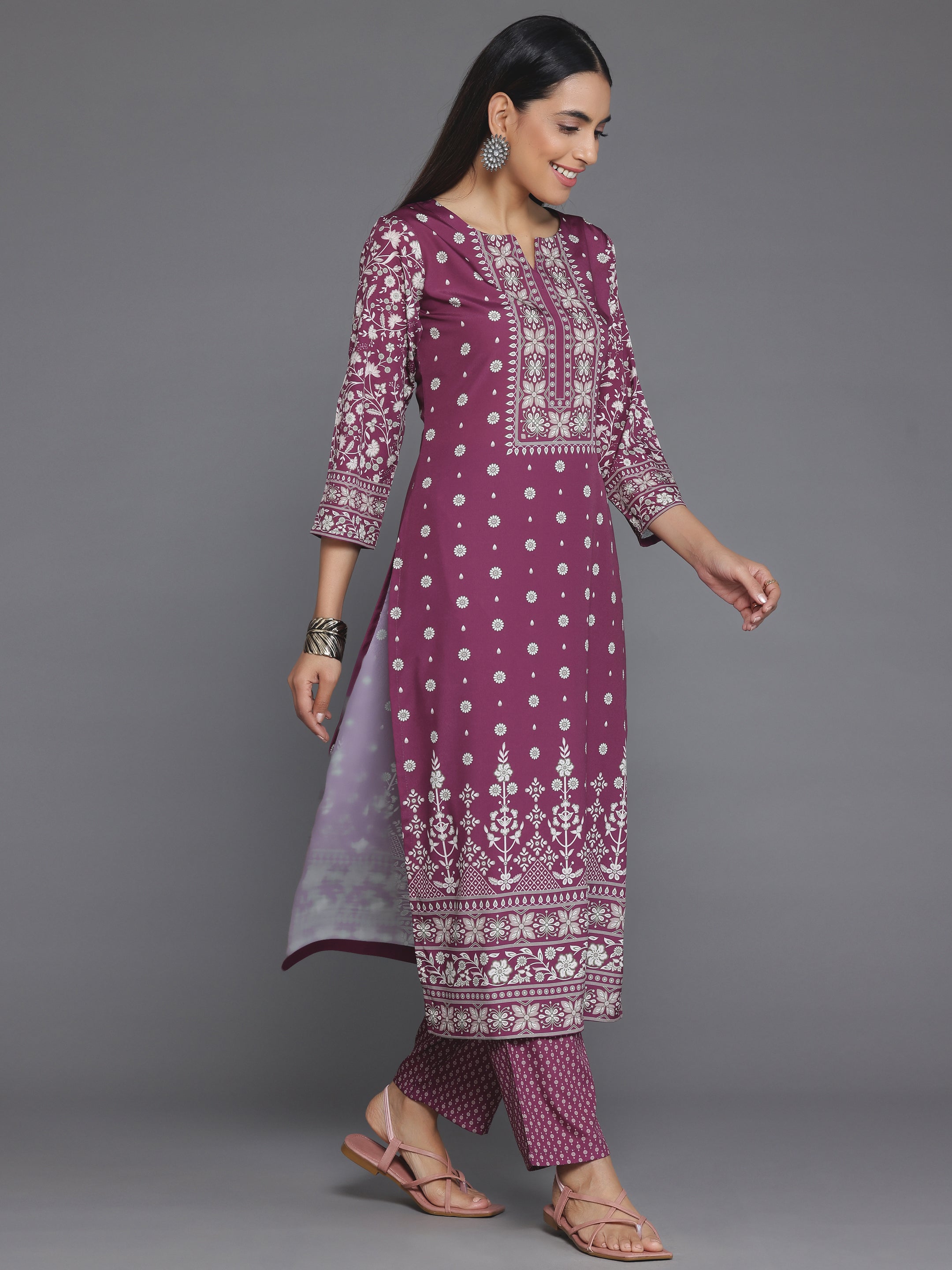 Maroon Printed Poly Crepe Straight Kurta Set