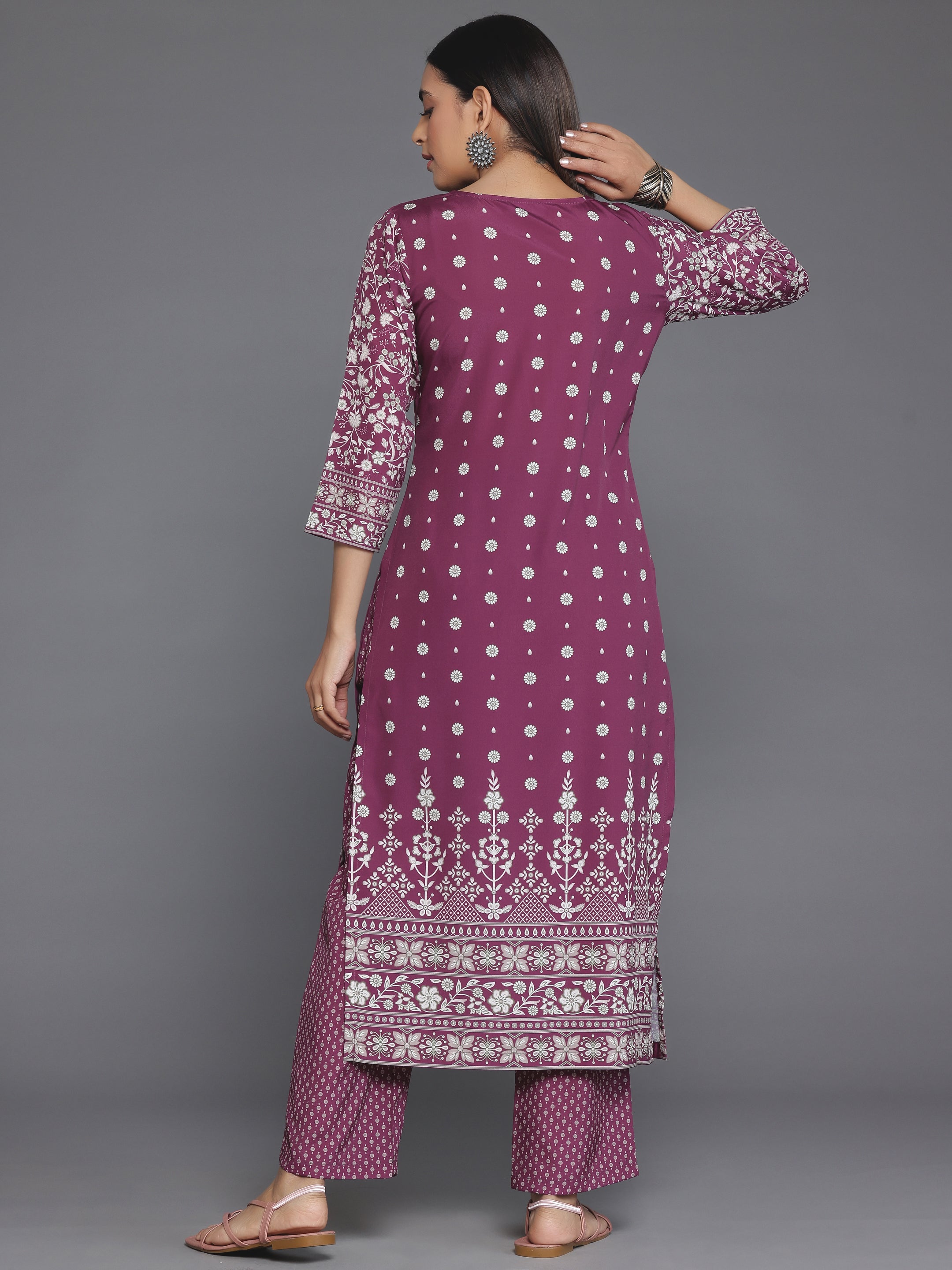 Maroon Printed Poly Crepe Straight Kurta Set