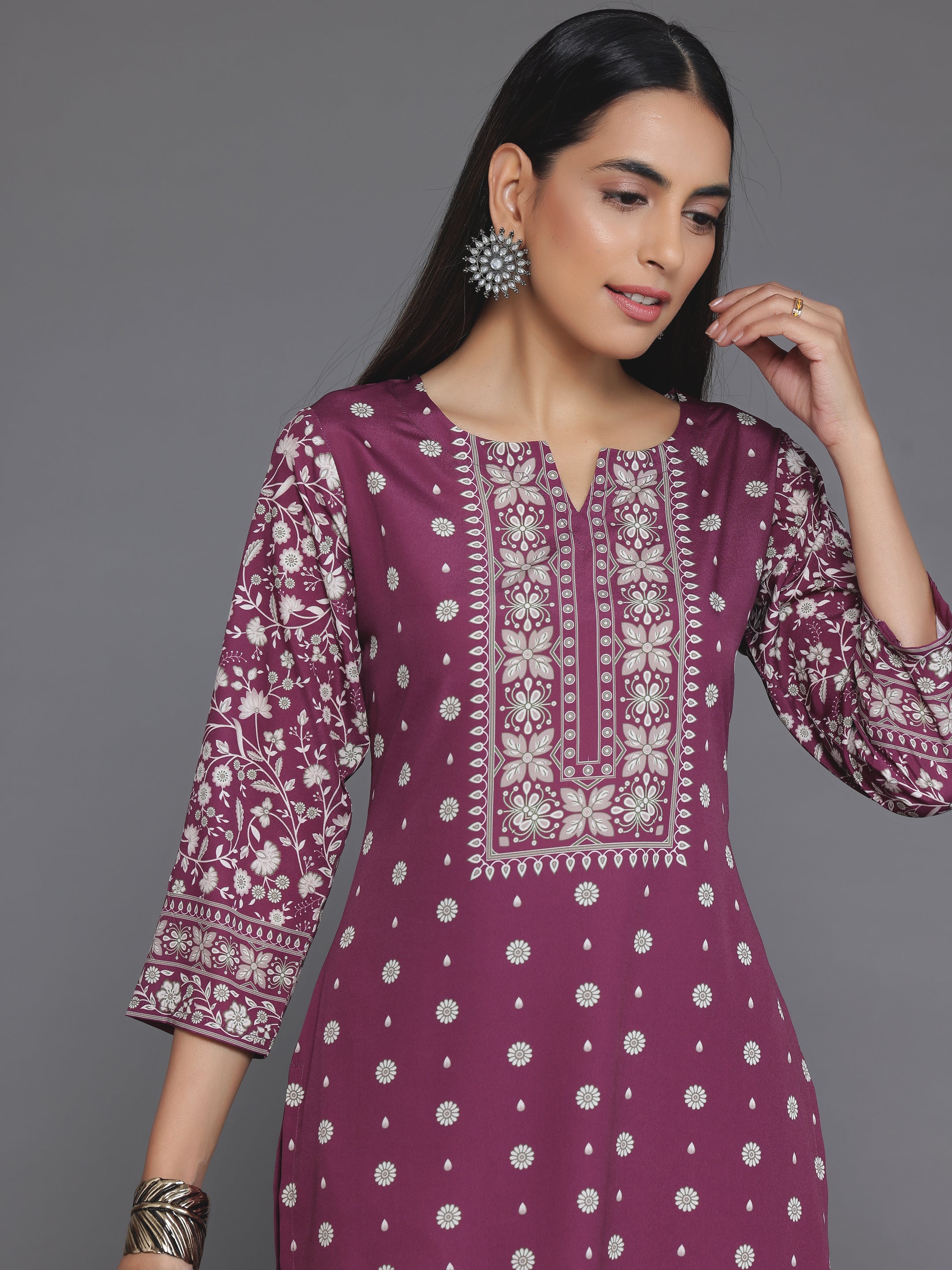 Maroon Printed Poly Crepe Straight Kurta Set