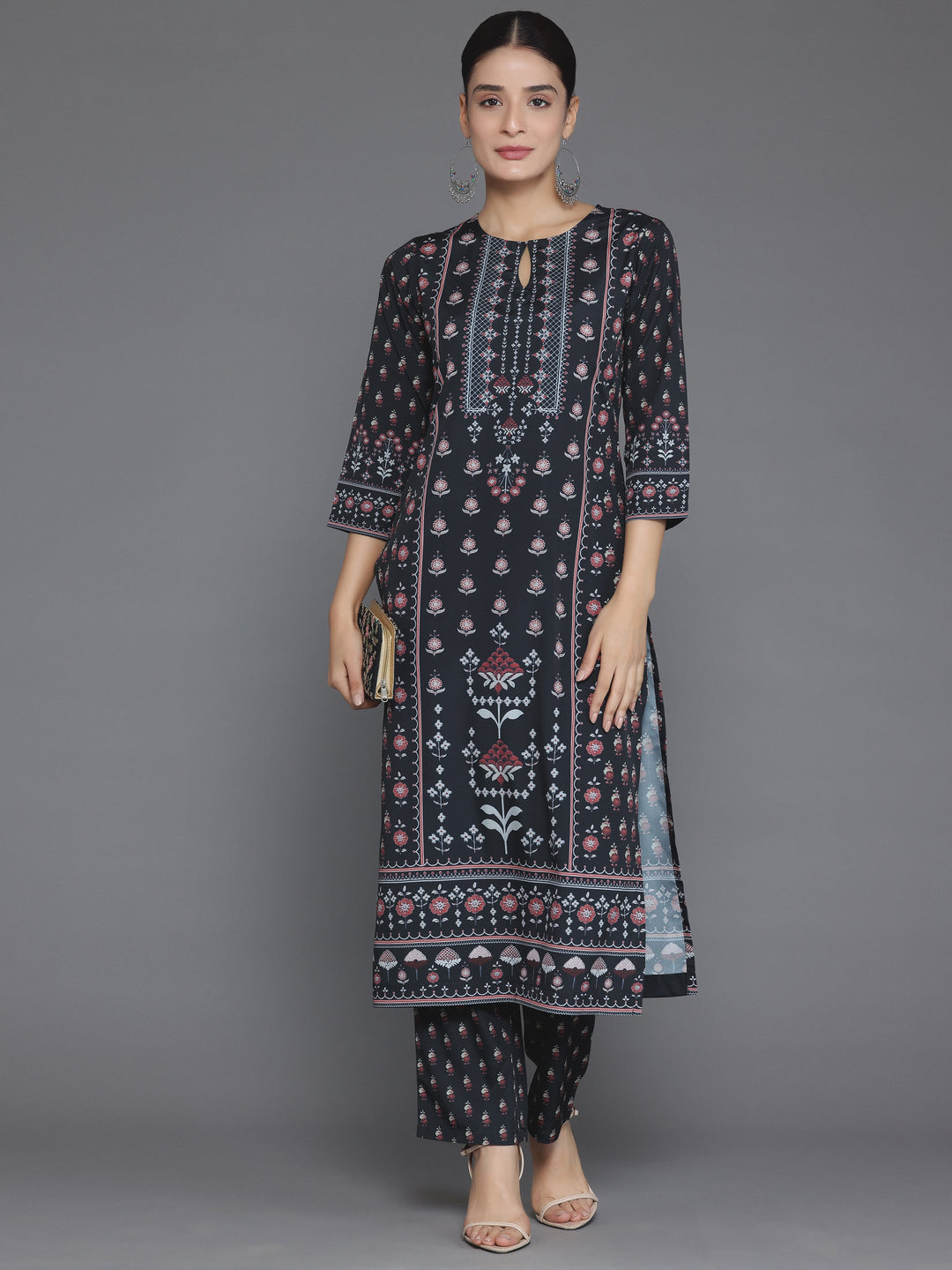 Black Printed Poly Crepe Straight Kurta Set