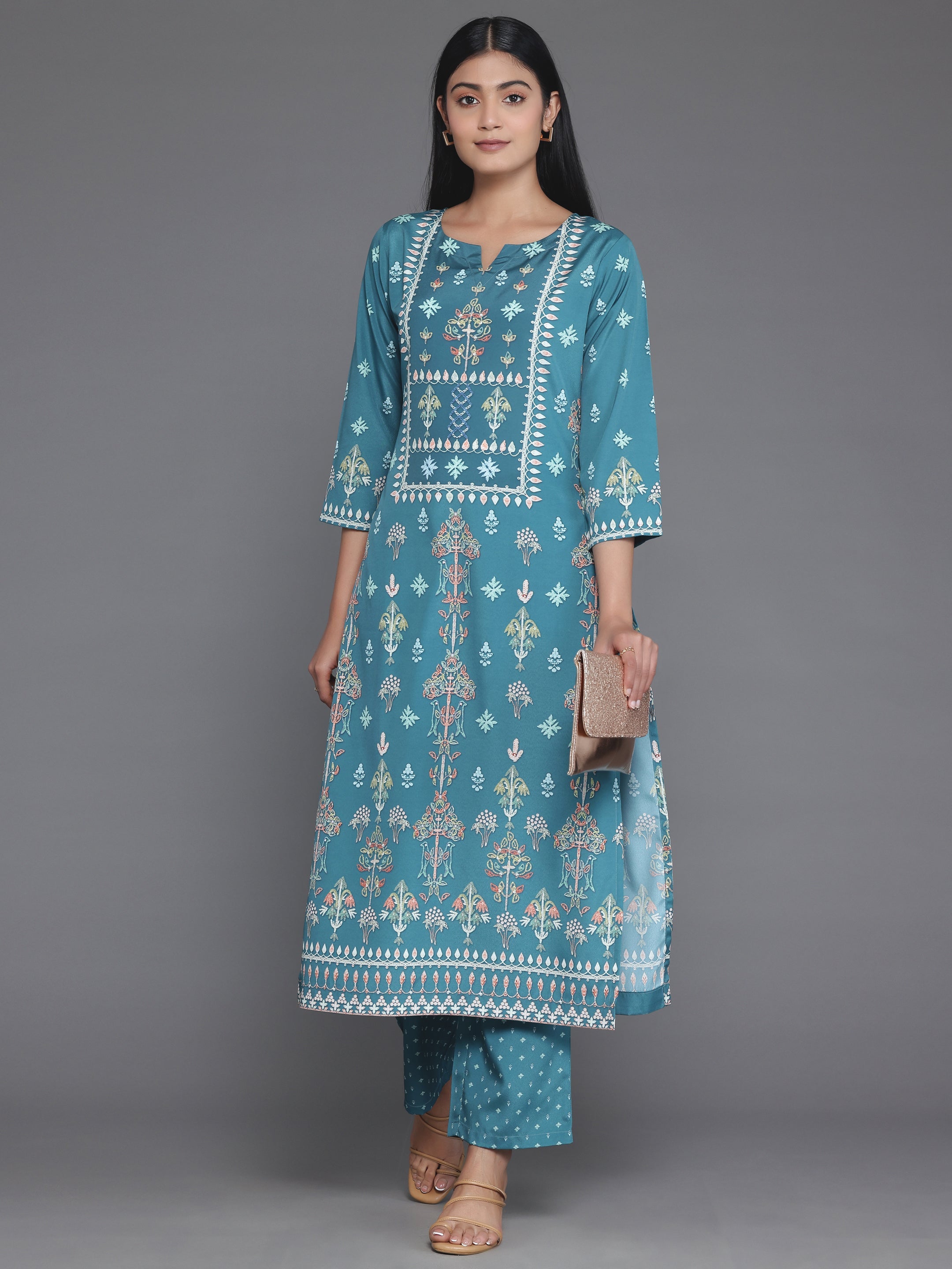 Green Printed Poly Crepe Straight Kurta Set