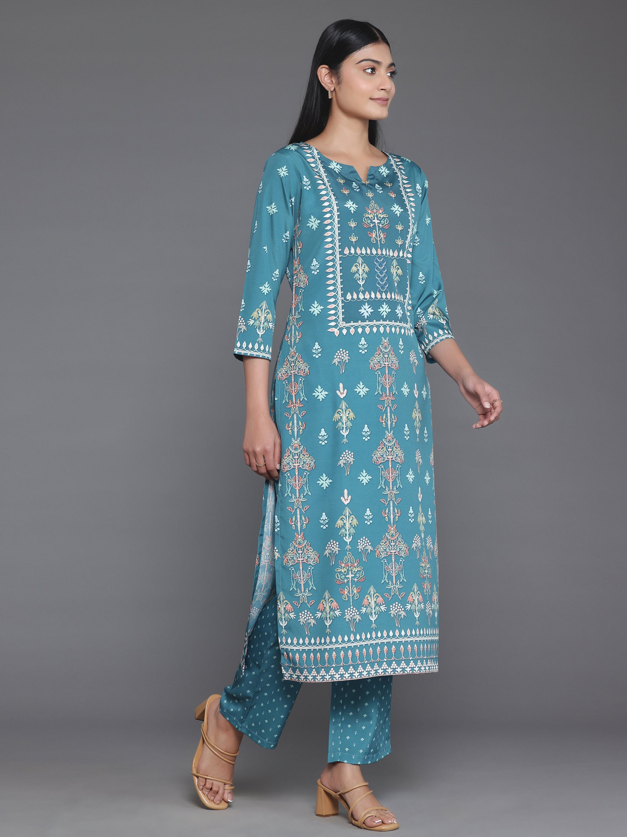 Green Printed Poly Crepe Straight Kurta Set