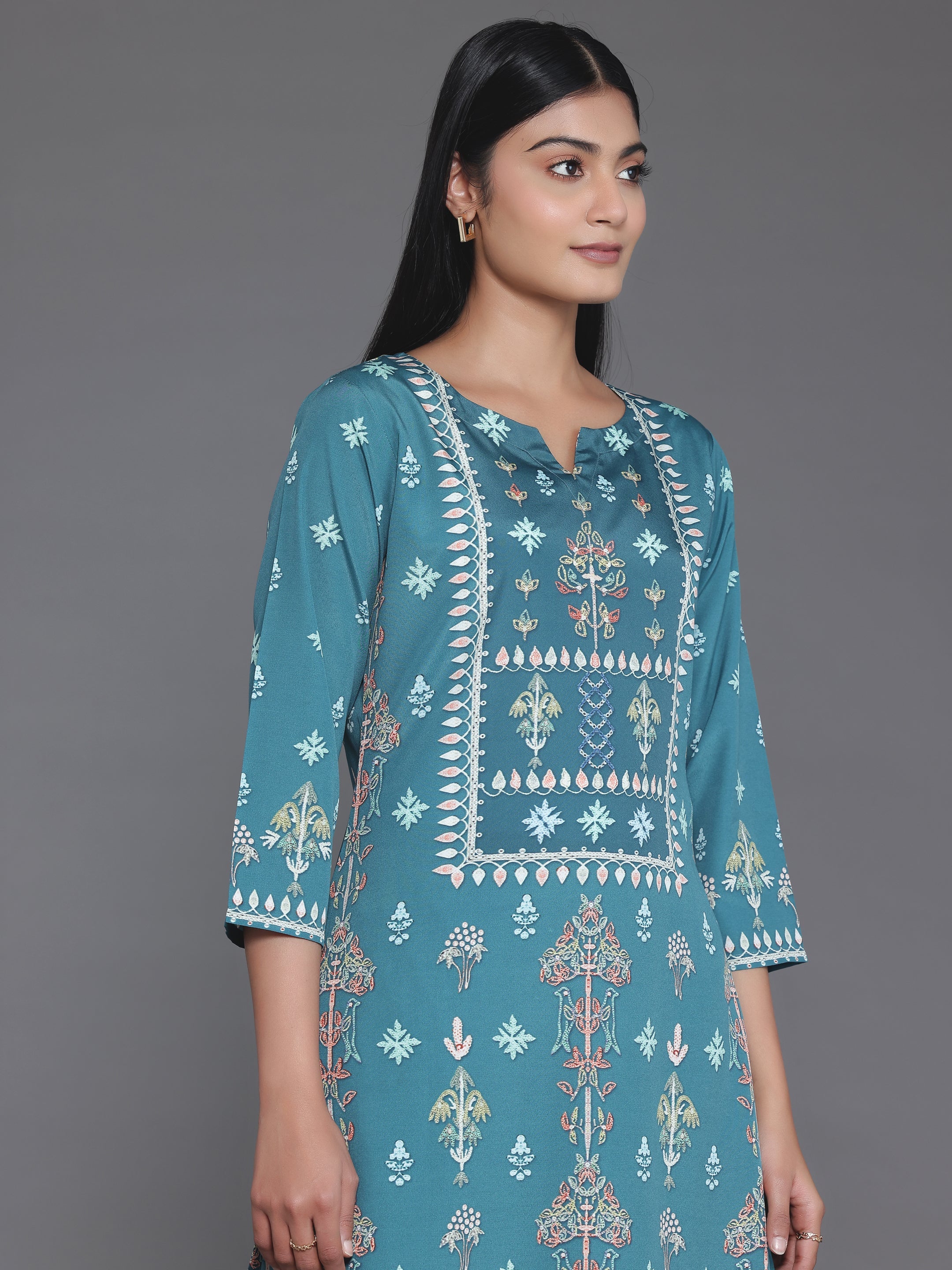 Green Printed Poly Crepe Straight Kurta Set