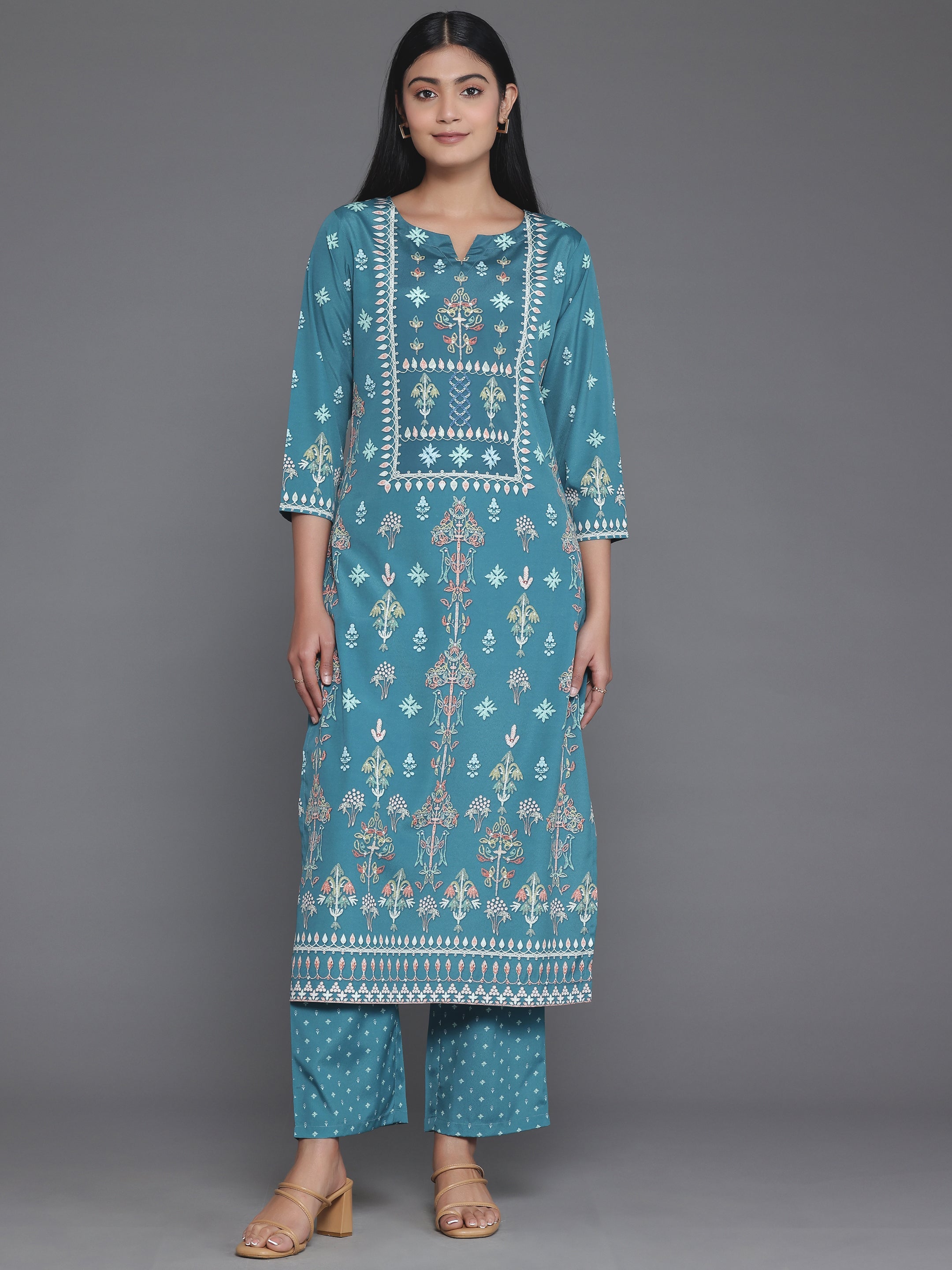 Green Printed Poly Crepe Straight Kurta Set