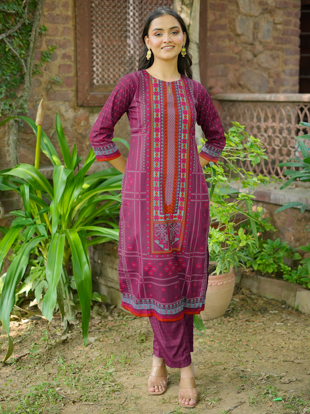 Wine Printed Poly Crepe Straight Kurta Set